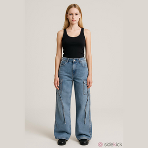 Yozy Acid Wash Blue High Waist Wide Leg Cargo Denim Jeans SKU1410